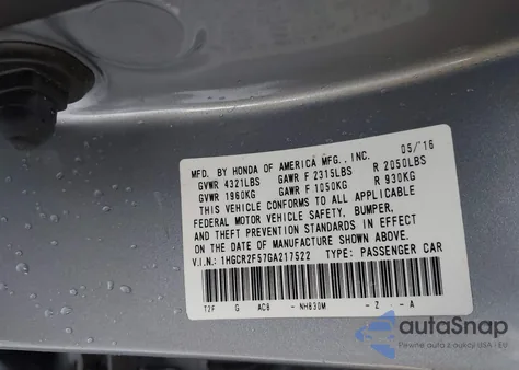 2016 Honda Accord Sport from USA, damaged, VIN 1HGCR2F57GA217522